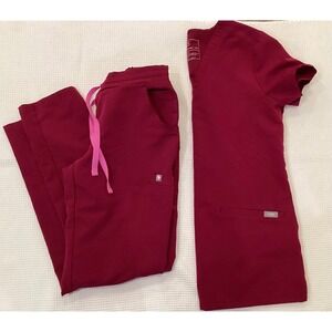 FIGS Raspberry/Cranberry Scrub Set Casma V-Neck Top XXS Yola Skinny Pants XXS/P